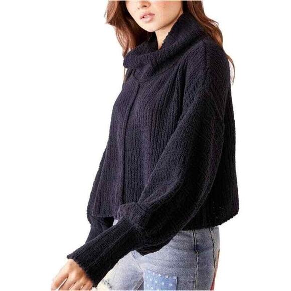 Free People Sweater XS Black Be Yours Cowl Neck Chunky Knit Cropped Boxy Cozy - Picture 1 of 9